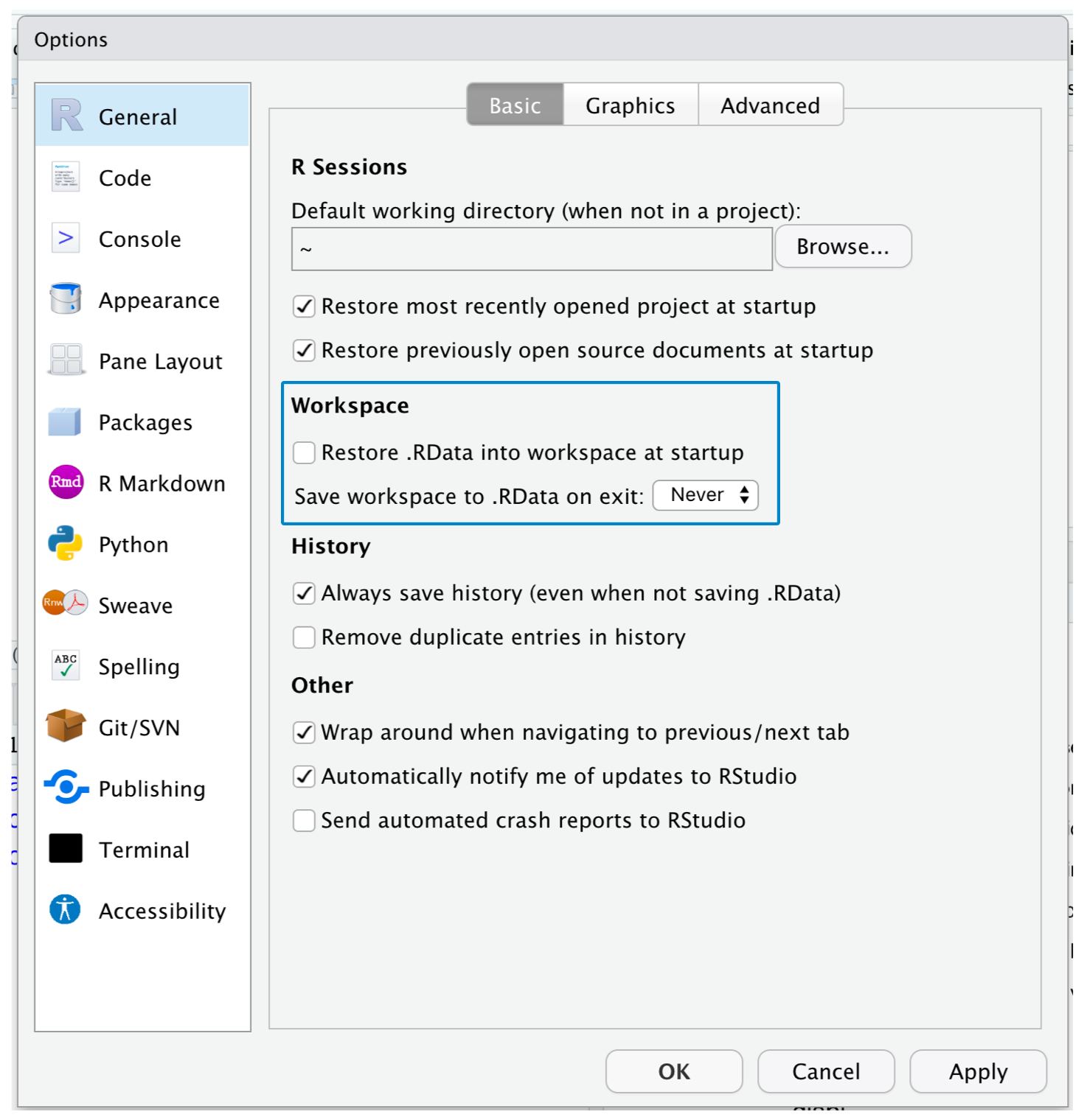 RStudio preferences window where the option Restore .RData into workspace at startup is not checked. Also, the option Save workspace to .RData on exit is set to Never. 