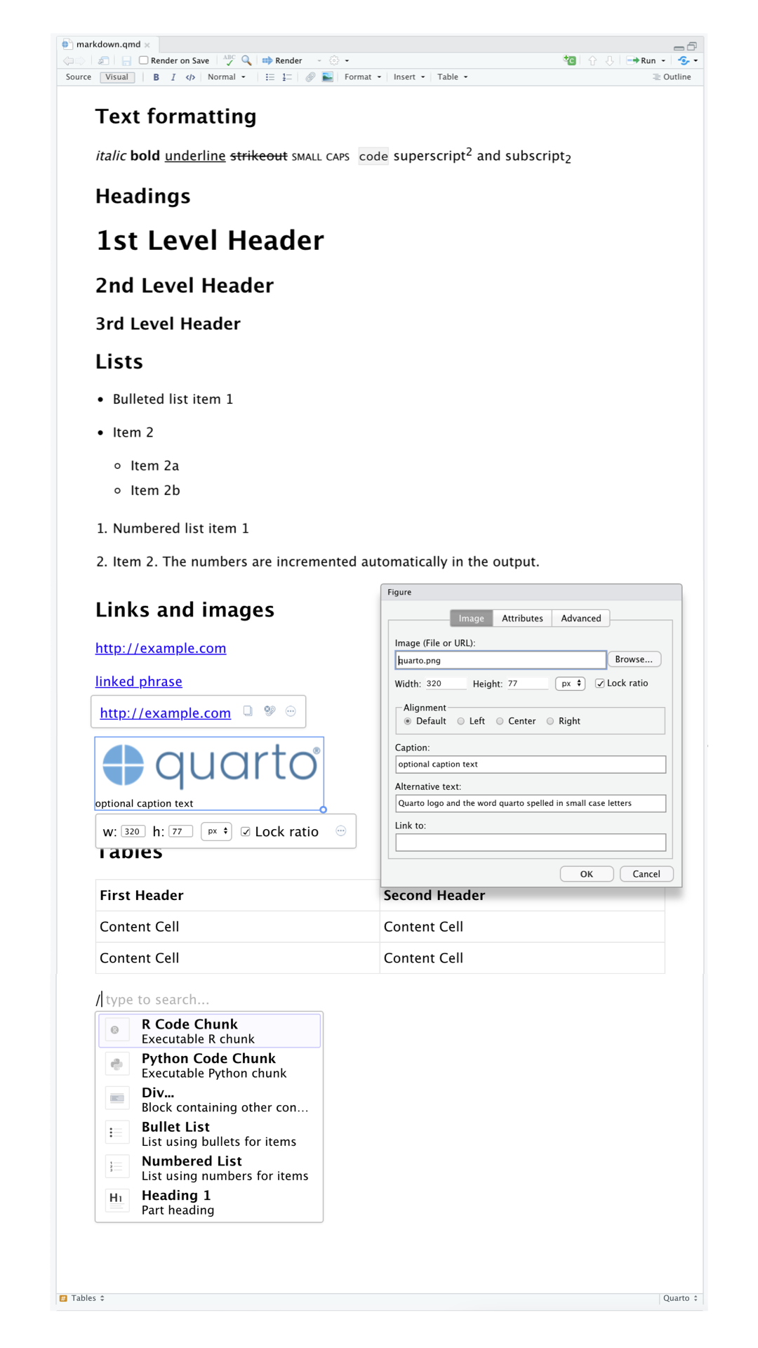 A Quarto document displaying various features of the visual editor such as text formatting (italic, bold, underline, small caps, code, superscript, and subscript), first through third level headings, bulleted and numbered lists, links, linked phrases, and images (along with a pop-up window for customizing image size, adding a caption and alt text, etc.), tables with a header row, and the insert anything tool with options to insert an R code chunk, a Python code chunk, a div, a bullet list, a numbered list, or a first level heading (the top few choices in the tool).