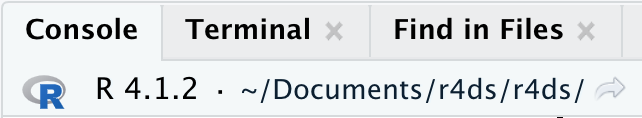 The Console tab shows the current working directory as ~/Documents/r4ds/r4ds. 